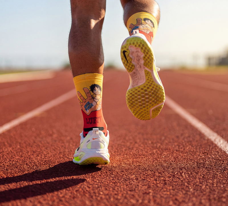 Runner on an athletics track wearing One Piece Luffy Red running socks