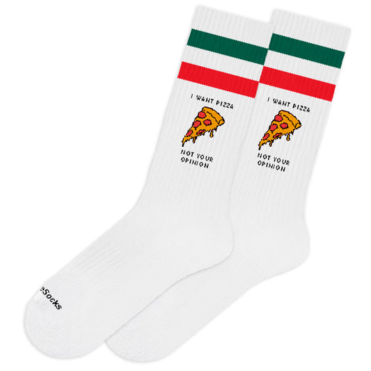 Calcetines altos blancos de algodón con rayas verdes y rojas y diseño de pizza con frase I Want Pizza not Your Opinion